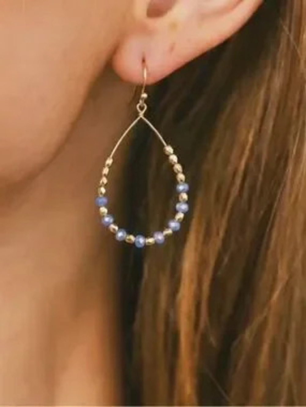 Blue Beaded Teardrop Hoop Earrings (7797)